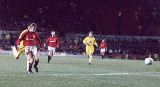 UEFA Champions League Group A match at Old Trafford. Manchester United 4 v Galatasaray 0. United's David Beckham scores his side's second goal after 38 minutes. 7th December 1994