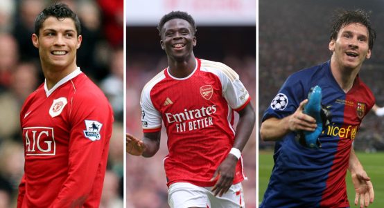 Arsenal's Bukayo Saka (centre) compared to Cristiano Ronaldo (left) and Lionel Messi (right) at the same age - 22