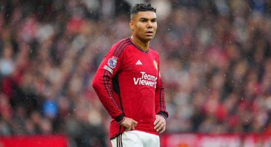 Manchester United's Casemiro looks on during the English Premier League soccer match between Manchester United and Crystal Palace at the Old Trafford stadium stadium in Manchester, England, Saturday, Sept. 30, 2023.