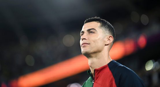 Cristiano Ronaldo of Portugal reacts before the Group H match between Portugal and Ghana at the 2022 FIFA World Cup at Ras Abu Aboud (974) Stadium in Doha, Qatar, Nov. 24, 2022.