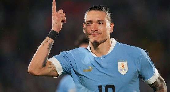 Uruguay's Darwin Nunez celebrates scoring his side's third goal against Bolivia during a qualifying soccer match for the FIFA World Cup 2026 at Centenario stadium in Montevideo, Uruguay, Tuesday, Nov. 21, 2023.