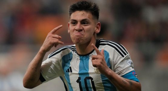 Argentina's Claudio Echeverri celebrates after scoring the second goal for his team during their FIFA U-17 World Cup quarterfinal soccer match against Brazil at Jakarta international Stadium in Jakarta, Indonesia, Friday, Nov. 24, 2023.