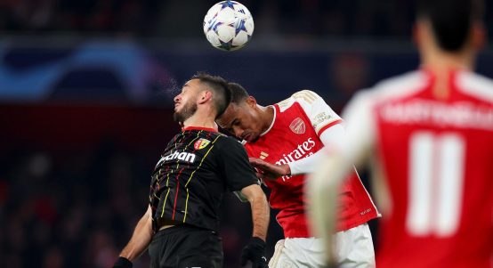 29th Nov, 2023. Champions League Football, Group Stage, Arsenal versus Lens; Gabriel of Arsenal competes for the ball with Adrien Thomasson of Lens