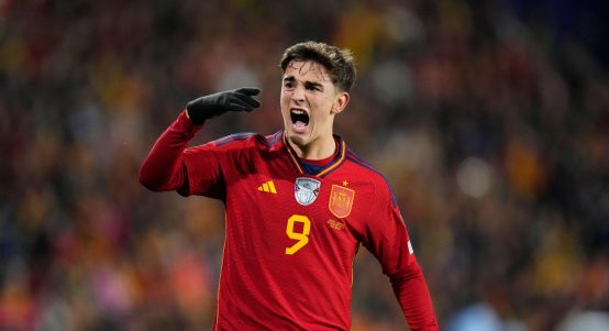 Spain's Gavi reacts during the Euro 2024 group A qualifying soccer match between Spain and Georgia at Jose Zorrilla Stadium in Valladolid, Spain, Sunday, Nov. 19, 2023.
