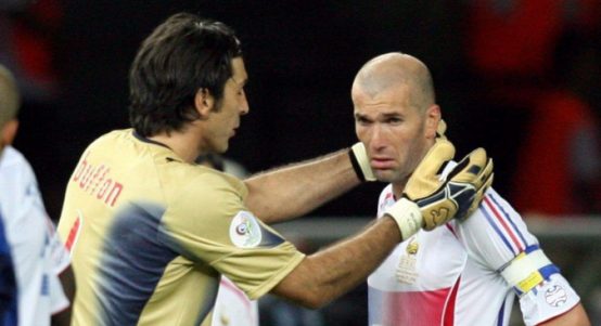 Italy's goalkeeper Gianluigi Buffon, left, has words with France's Zinedine Zidane during the World Cup soccer final between Italy and France in the Olympic Stadium in Berlin, Sunday, July 9, 2006.