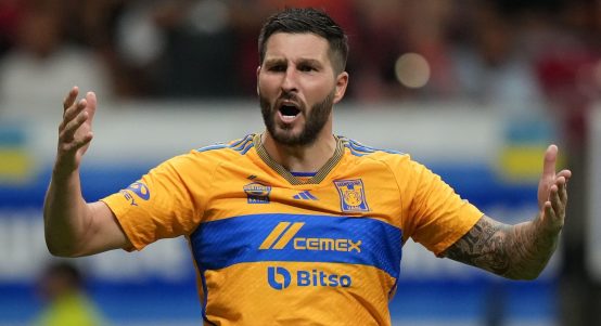 Tigres' Andre-Pierre Gignac celebrates his shootout goal against the Vancouver Whitecaps during a Leagues Cup soccer match in Vancouver, on Friday, August 4, 2023.