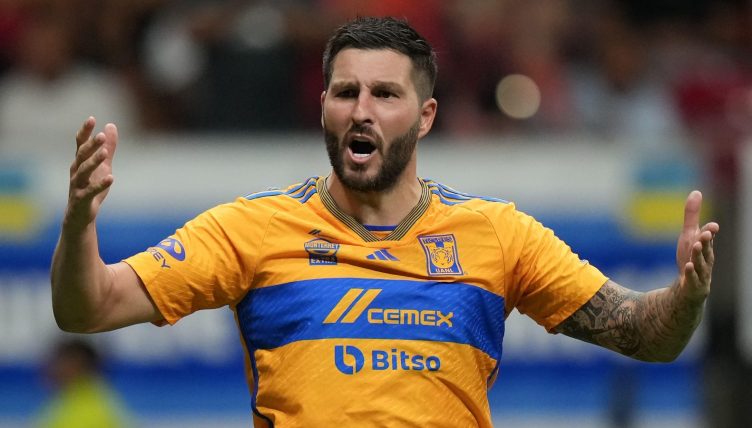 Tigres' Andre-Pierre Gignac celebrates his shootout goal against the Vancouver Whitecaps during a Leagues Cup soccer match in Vancouver, on Friday, August 4, 2023.