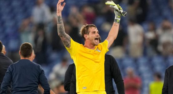 Lazio's goalkeeper Ivan Provedel celebrates at the end of a Champions League group E soccer match between Lazio and Atletico Madrid, at Rome's Olympic Stadium, Tuesday, Sept. 19, 2023.
