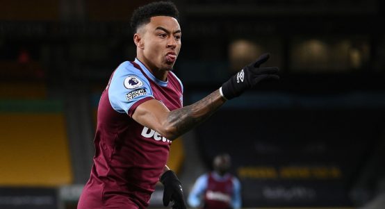 West Ham United's Jesse Lingard celebrates scoring their side's first goal of the game during the Premier League match at the Molineux Stadium, Wolverhampton. Issue date: Monday April 5, 2021.