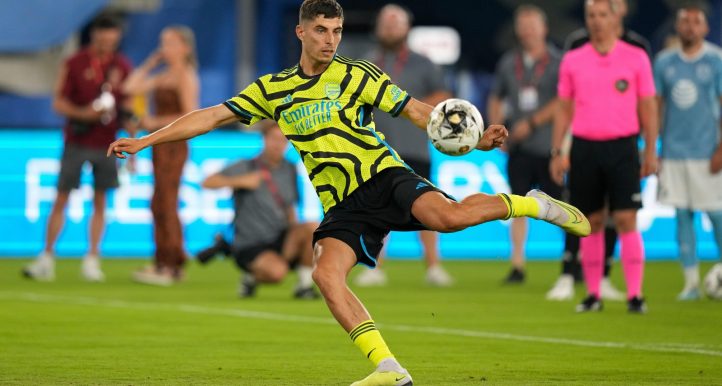 Arsenal midfielder Kai Havertz competes during the cross and volley challenge segment of the MLS All-Star Skills Challenge against the MLS All-Stars, Tuesday, July 18, 2023, in Washington.