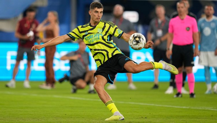 Arsenal midfielder Kai Havertz competes during the cross and volley challenge segment of the MLS All-Star Skills Challenge against the MLS All-Stars, Tuesday, July 18, 2023, in Washington.