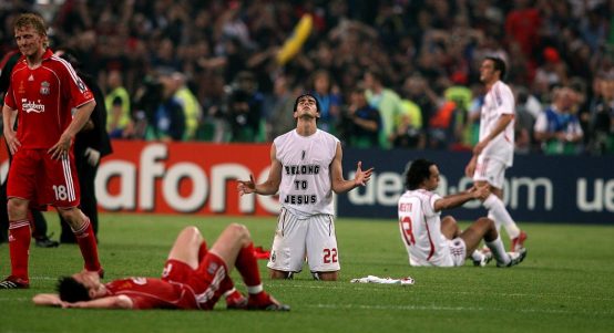 Brazil international Kaka celebrates Milan's victory over Liverpool in the 2007 Champions League final with an iconic 'I belong to Jesus' t-shirt