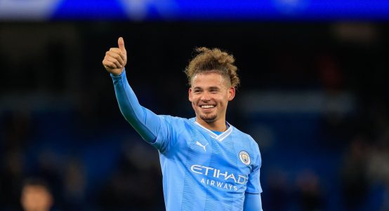 Kalvin Phillips #4 of Manchester City gives the thumbs up to the home fans as City qualify for the last 16 during the UEFA Champions League match Manchester City vs Young Boys at Etihad Stadium, Manchester, United Kingdom, 7th November 2023