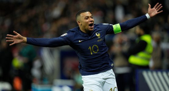 France's Kylian Mbappe celebrates after a goal during the Euro 2024 group B qualifying soccer match between France and Gibraltar in Nice, France, Saturday, Nov. 18, 2023.