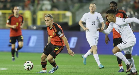 Brussels, Belgium. 19th Nov, 2023. Belgium's Leandro Trossard pictured in action during a game between the Belgian national soccer team Red Devils and Azerbaijan, in Brussels, Sunday 19 November 2023