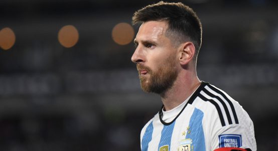 Argentina's Lionel Messi gestures during a qualifying soccer match for the FIFA World Cup 2026 against Paraguay at the Monumental stadium in Buenos Aires, Argentina, Thursday, Oct. 12, 2023.