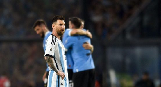 Argentina's Lionel Messi reacts at the end of a qualifying soccer match for the FIFA World Cup 2026 against Uruguay at La Bombonera stadium in Buenos Aires, Argentina, Thursday, Nov. 16, 2023.