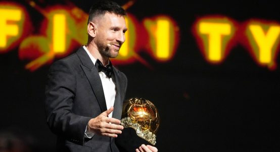 Inter Miami's and Argentina's national team player Lionel Messi receives the 2023 Ballon d'Or trophy during the 67th Ballon d'Or (Golden Ball) award ceremony at Theatre du Chatelet in Paris, France, Monday, Oct. 30, 2023.
