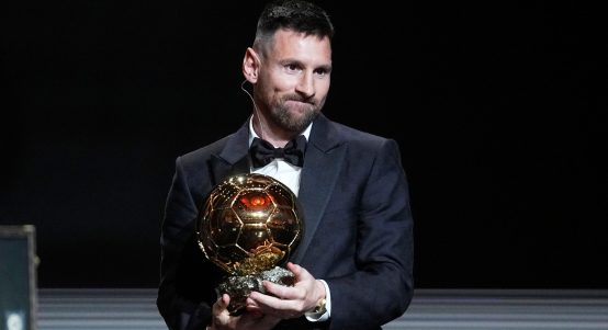 Inter Miami's and Argentina's national team player Lionel Messi receives the 2023 Ballon d'Or trophy during the 67th Ballon d'Or (Golden Ball) award ceremony at Theatre du Chatelet in Paris, France, Monday, Oct. 30, 2023.