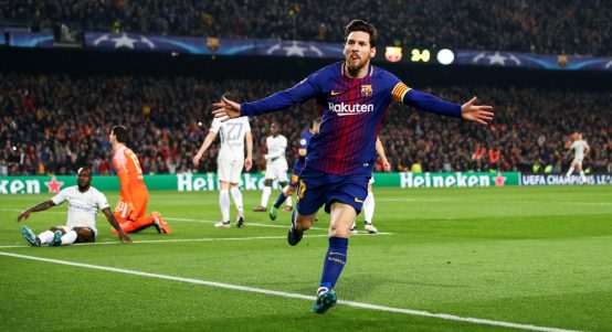 Barcelona's Lionel Messi celebrates scoring his side's third goal of the game and his 100th Champions League goal against Chelsea, Barcelona, Camp Nou, 14th March 2018