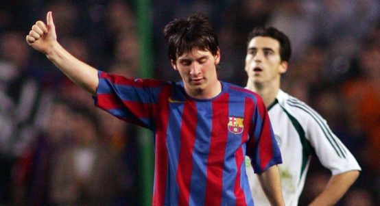 Barcelona's Lionel Messi celebrates his goal during their Champions League match at Nou Camp Stadium in Barcelona, Spain November 2, 2005.