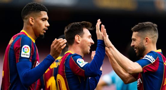 Barcelona, Spain. 16th May, 2021. Lionel Messi (FC Barcelona) celebrates with his teammates after scoring, during La Liga football match between FC Barcelona and Celta de Vigo, at Camp Nou Stadium in Barcelona, Spain, on May 16, 2021.