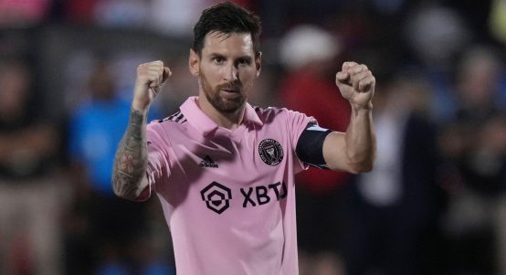 Inter Miami forward Lionel Messi celebrates a score during penalty kicks in the team's Leagues Cup soccer match against FC Dallas on Sunday, Aug. 6, 2023, in Frisco, Texas.