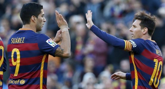 Barcelona's Lionel Messi (R) and Luis Suarez celebrate a goal against Granada, Barcelona v Granada - Spanish Liga - Camp Nou stadium, Barcelona, 9th January 2016