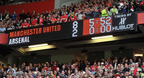 The scoreboard at Old Trafford during the Premier League match between Manchester United and Arsenal at Old Trafford, Manchester, August 2011.