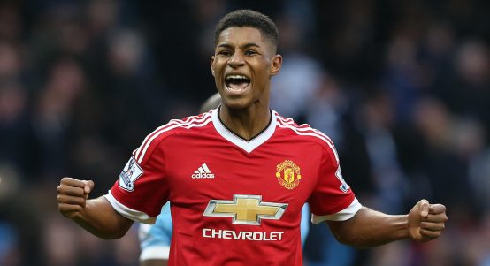 Marcus Rashford celebrates after the Premier League match between Manchester City and Manchester United at Etihad Stadium, Manchester, March 2016.