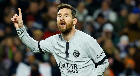 Montpellier v Paris St Germain - Stade de la Mosson, Montpellier, France - February 1, 2023 Paris St Germain's Lionel Messi celebrates scoring their first goal later disallowed after a VAR review