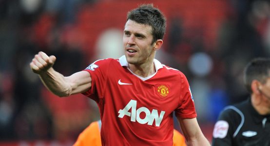 Manchester United's Michael Carrick celebrates after their FA Cup Third Round victory over Liverpool at Old Trafford, Manchester, January 2010.