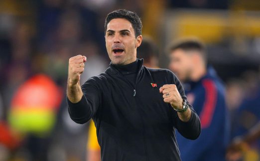 Arsenal manager Mikel Arteta celebrates after his side's victory over Wolverhampton Wanderers at Molineux, Wolverhampton, November 2022.