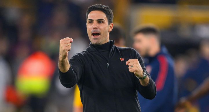Arsenal manager Mikel Arteta celebrates after his side's victory over Wolverhampton Wanderers at Molineux, Wolverhampton, November 2022.