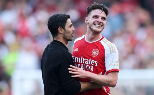London, UK. 3rd Sep, 2023. Declan Rice of Arsenal celebrates at the final whistle with Mikel Arteta manager of Arsenal during the Premier League match at the Emirates Stadium, London.