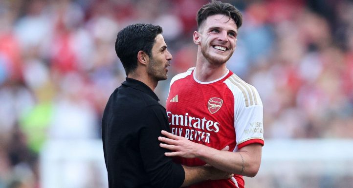 London, UK. 3rd Sep, 2023. Declan Rice of Arsenal celebrates at the final whistle with Mikel Arteta manager of Arsenal during the Premier League match at the Emirates Stadium, London.