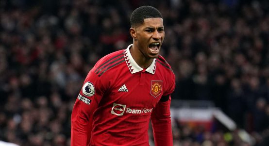 Manchester United's Marcus Rashford celebrates scoring the second goal of the game during the Premier League match at Old Trafford, Manchester. Picture date: Saturday February 4, 2023.
