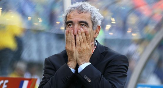 France coach Raymond Domenech looks dejected during his side's defeat against South Africa at the 2010 World Cup in Free State Stadium, Bloemfontein, South Africa, June 2010.