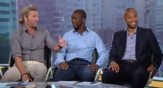 Robbie Savage, Clarence Seedorf and Thierry Henry during the BBC's coverage of the 2014 World Cup match between France and Honduras in Rio de Janiero, Brazil, June 2014.