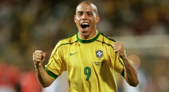 Brazil's Ronaldo celebrates their victory over Holland in the penalty shoot out at the World Cup. France. July 1998.