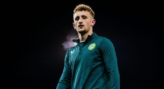 Sam Curtis of Ireland warms up ahead of the UEFA European Under-21 Qualifier football match between Norway and Ireland on November 17, 2023 in Drammen.