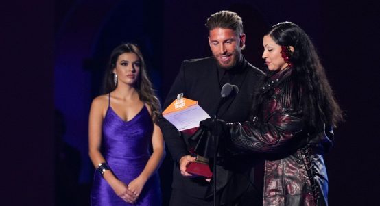 Soccer player Sergio Ramos (c), during the Latin Grammy 2023 awards gala at the Palacio de Congresos de Sevilla, on November 16, 2023, in Seville, Andalusia (Spain). Seville hosts today the 24th edition of the Latin Grammy Awards, which recognize artistic and technical excellence in Ibero-American music. This is the first time since 2000 that the Latin Grammy Awards are held outside the United States and also the first time that the awards ceremony is broadcast internationally.