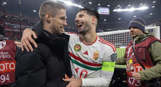 Dominik Szoboszlai (C) of Hungary reacts after winning the UEFA Euro 2024 Group G qualification match between Hungary and Montenegro in Budapest, Hungary on Nov. 19, 2023.