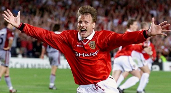 Manchester United's Teddy Sheringham celebrating after scoring against Bayern Munich in the Champions League final. Nou Camp, May 1999.