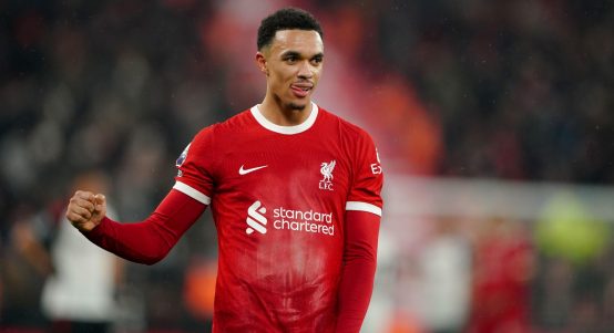 Liverpool's Trent Alexander-Arnold celebrates after the Premier League match against Fulham at Anfield, Liverpool, December 2023.
