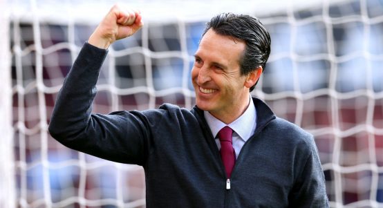 Aston Villa manager Unai Emery celebrates at the end of the Premier League match at Villa Park, Birmingham. Picture date: Sunday May 28, 2023.